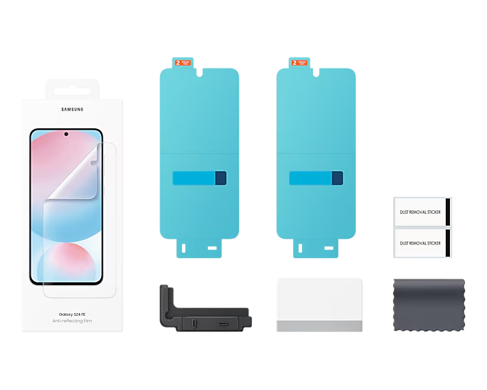 Accesorios para un teléfono: protectores de pantalla, pegatinas antipolvo y un paño de limpieza.