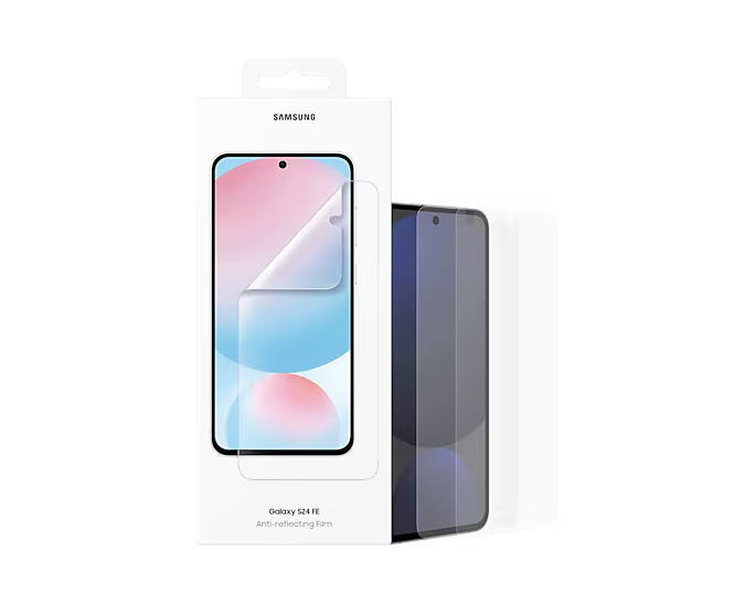 Un protector de pantalla y el teléfono, con una caja blanca.