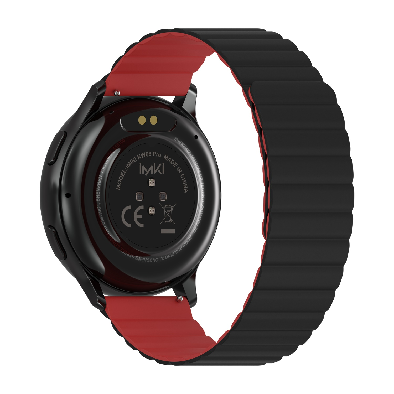 Retro smartwatch: cassa nera con cinturino rosso, informazioni produttore.