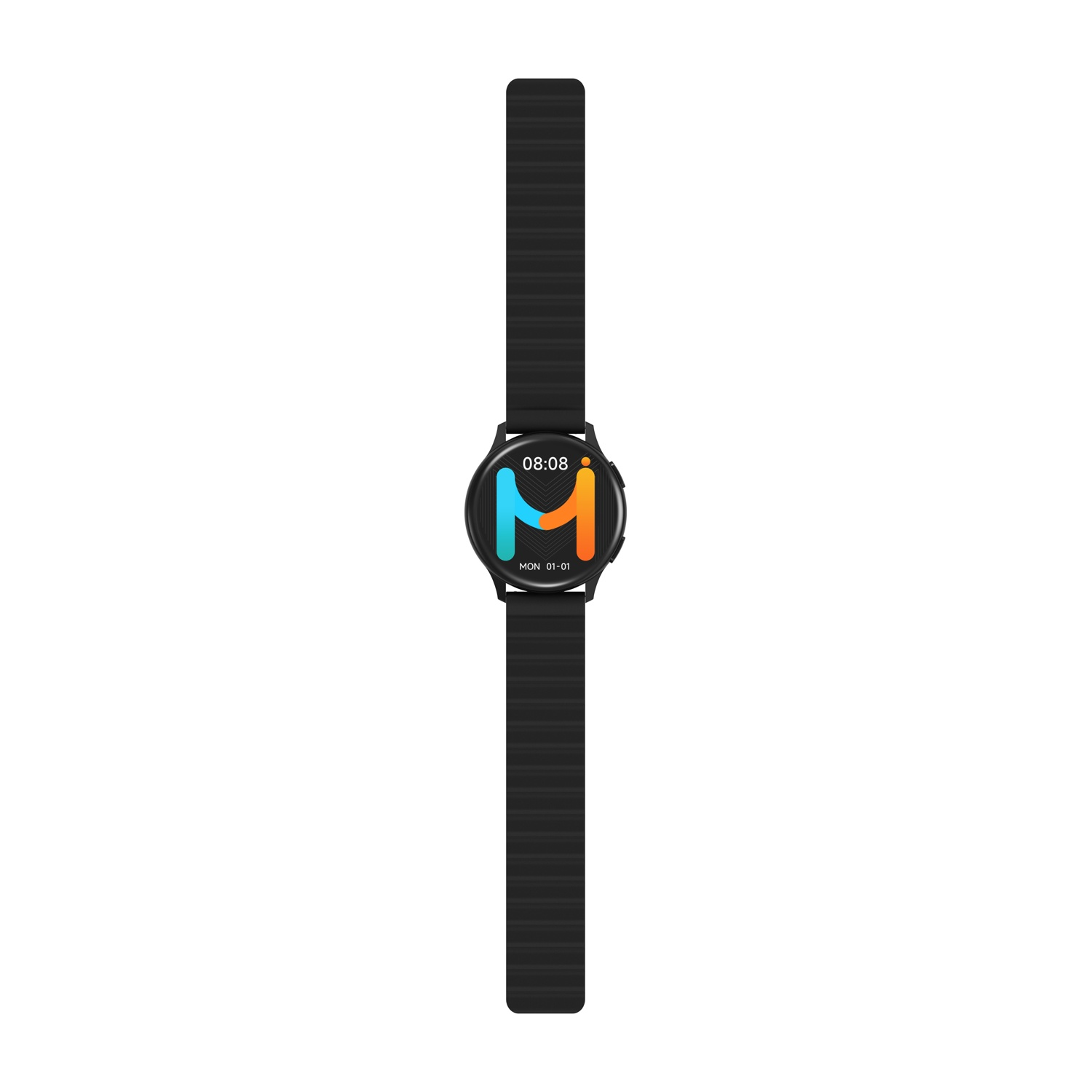 Uno smartwatch nero con cinturino nero, che mostra l'ora e un logo sullo schermo.