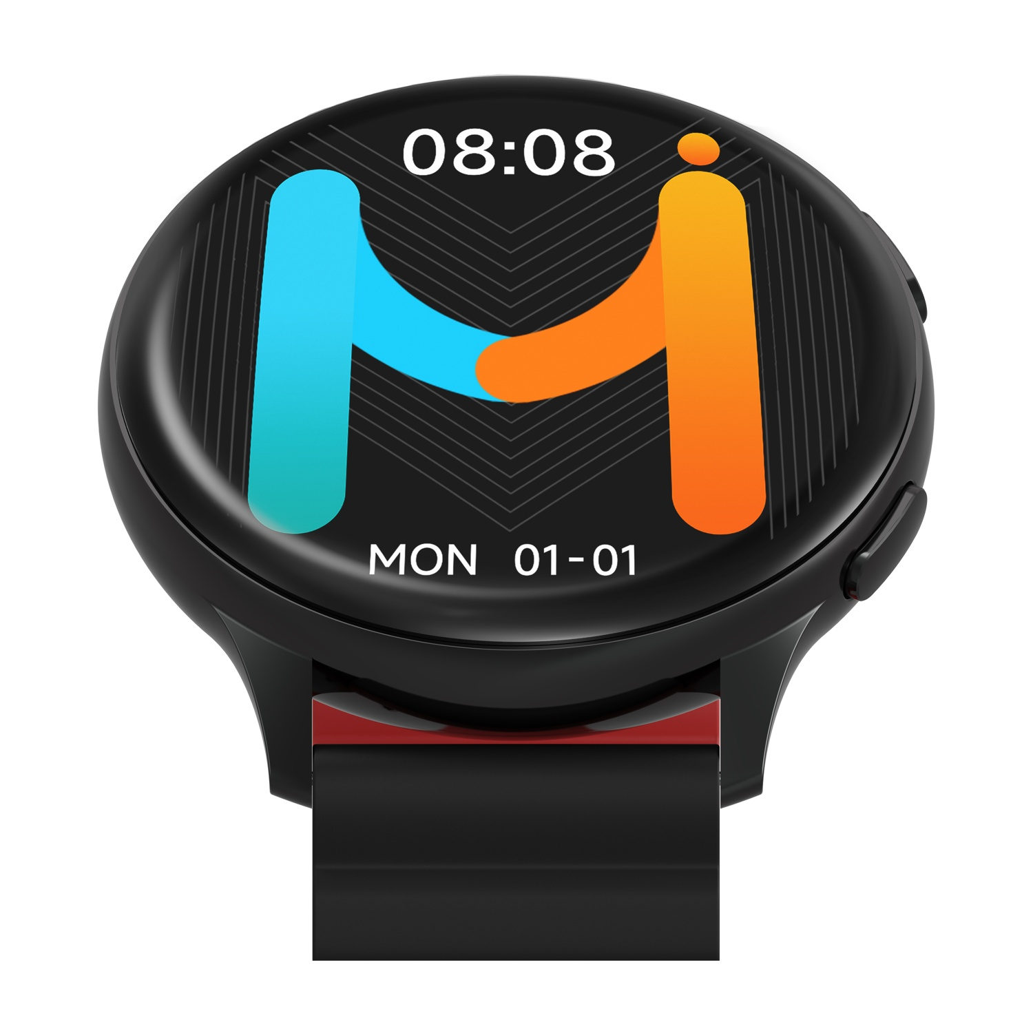 Uno smartwatch nero con quadrante rotondo mostra l'ora e un logo M colorato.
