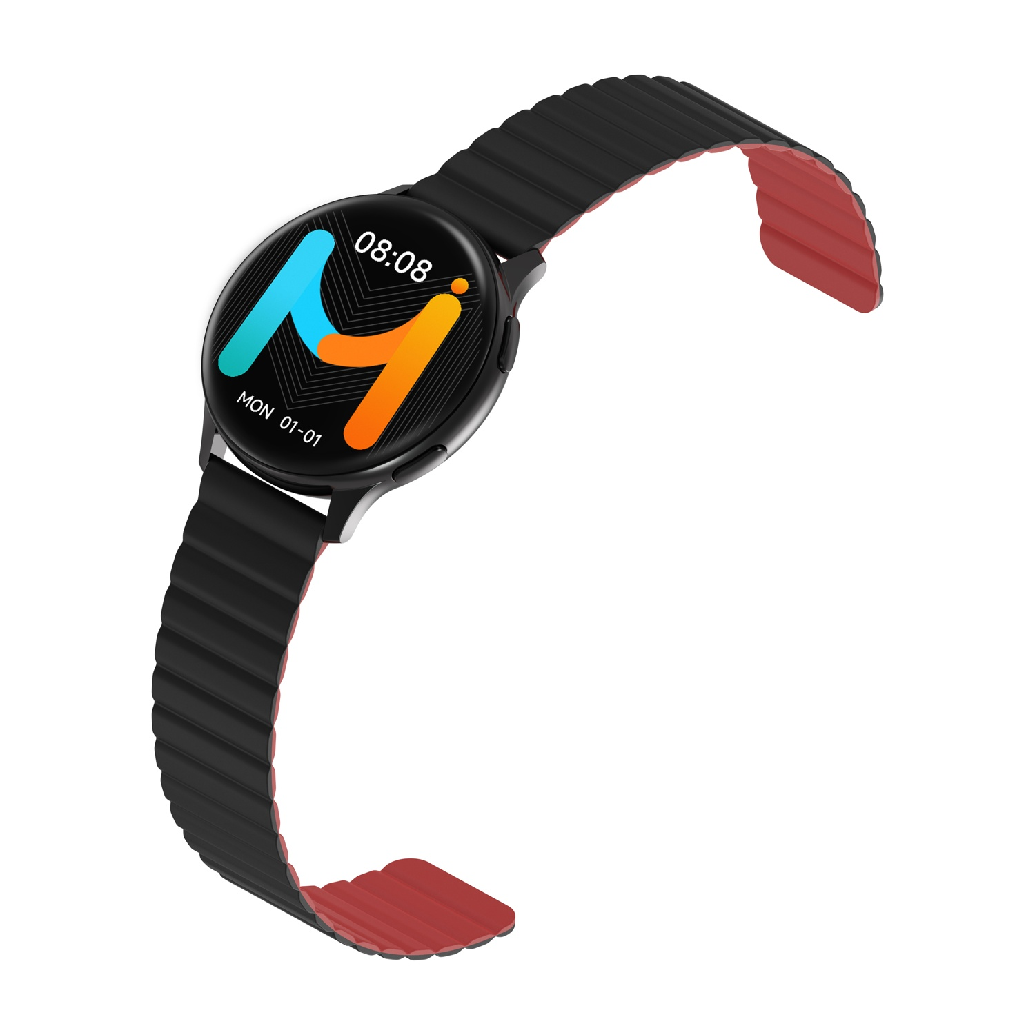 Smartwatch nera con cinturino nero e rosso; l'ora è 08:08. Sfondo bianco.