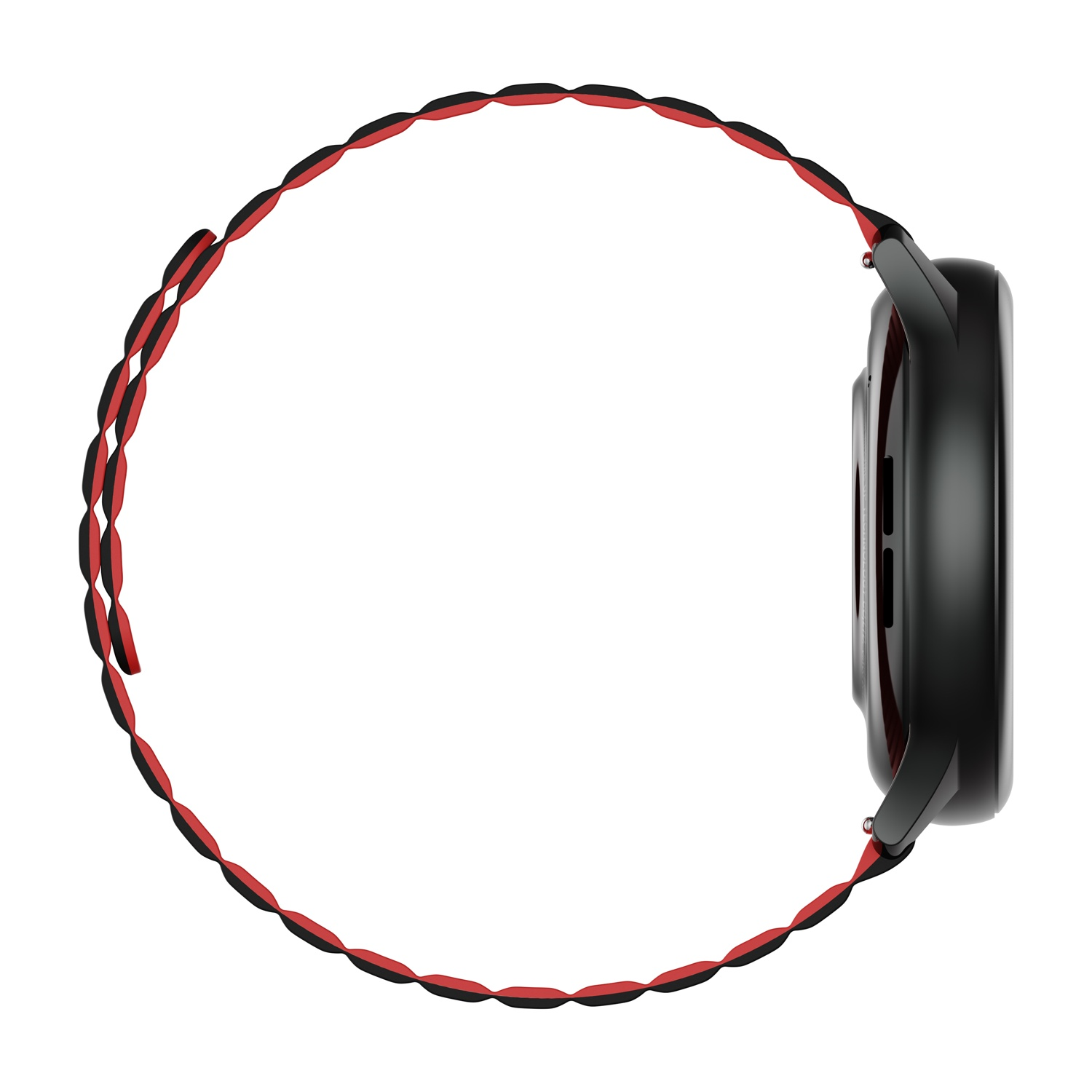 Vista laterale di uno smartwatch nero con cinturino rosso e nero.