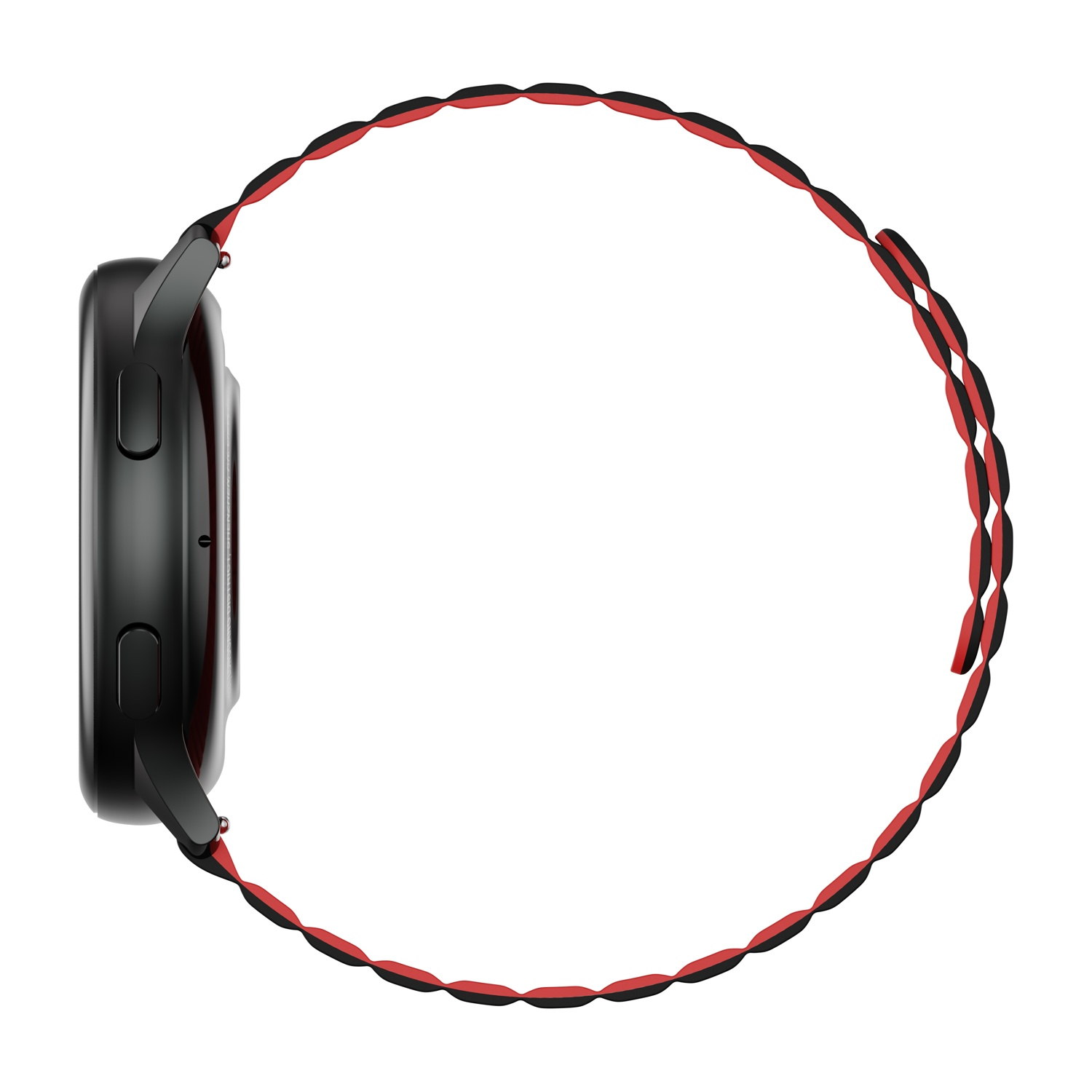 Smartwatch nero con cinturino rosso e nero, vista laterale. Il cinturino è circolare attorno all'orologio.