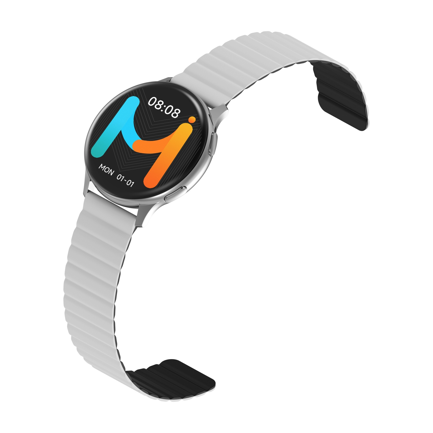 Smartwatch con cinturino bianco e display digitale che mostra l'ora e un logo M.