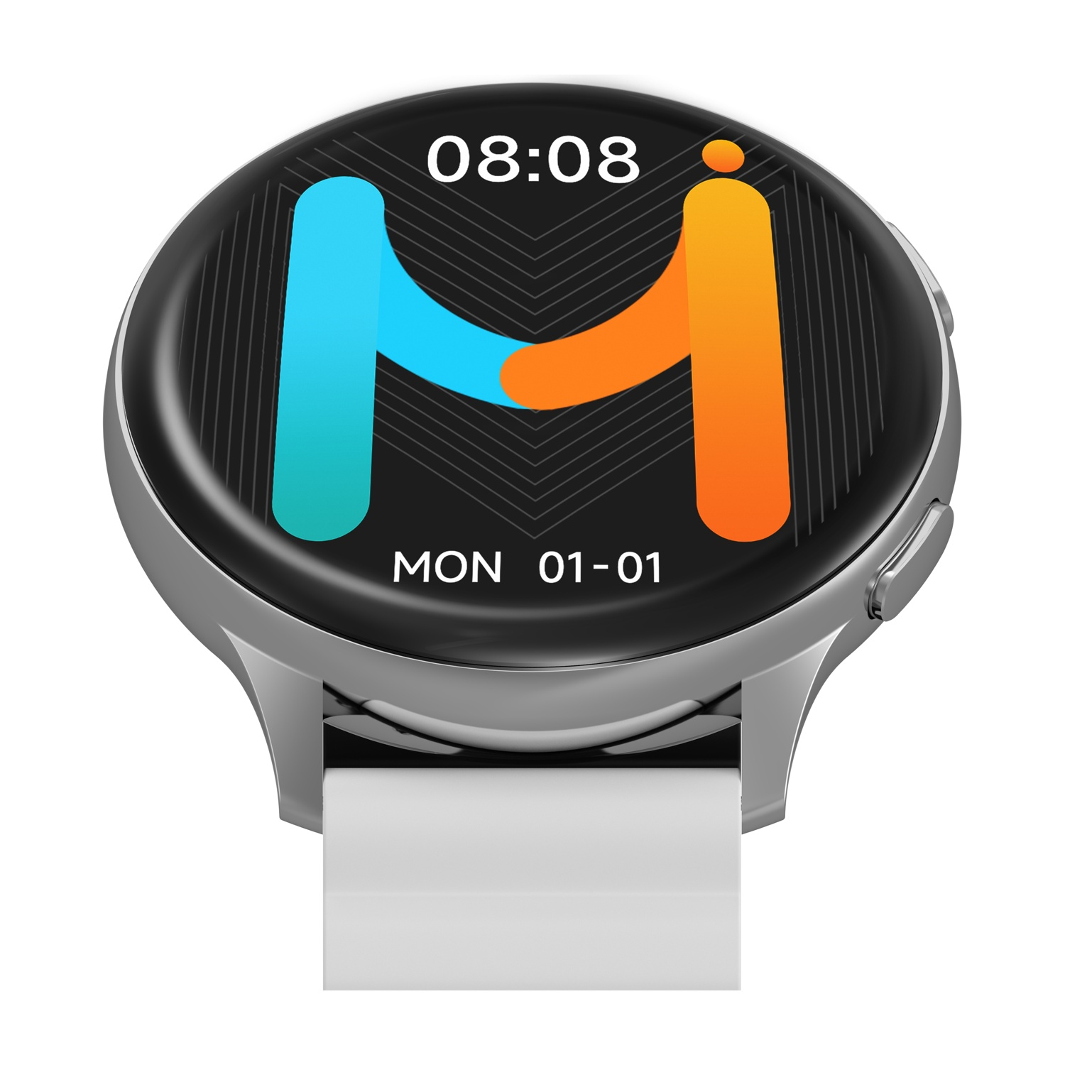 Primo piano di uno smartwatch che mostra l'ora 08:08 e la data 01-01. Cinturino bianco.