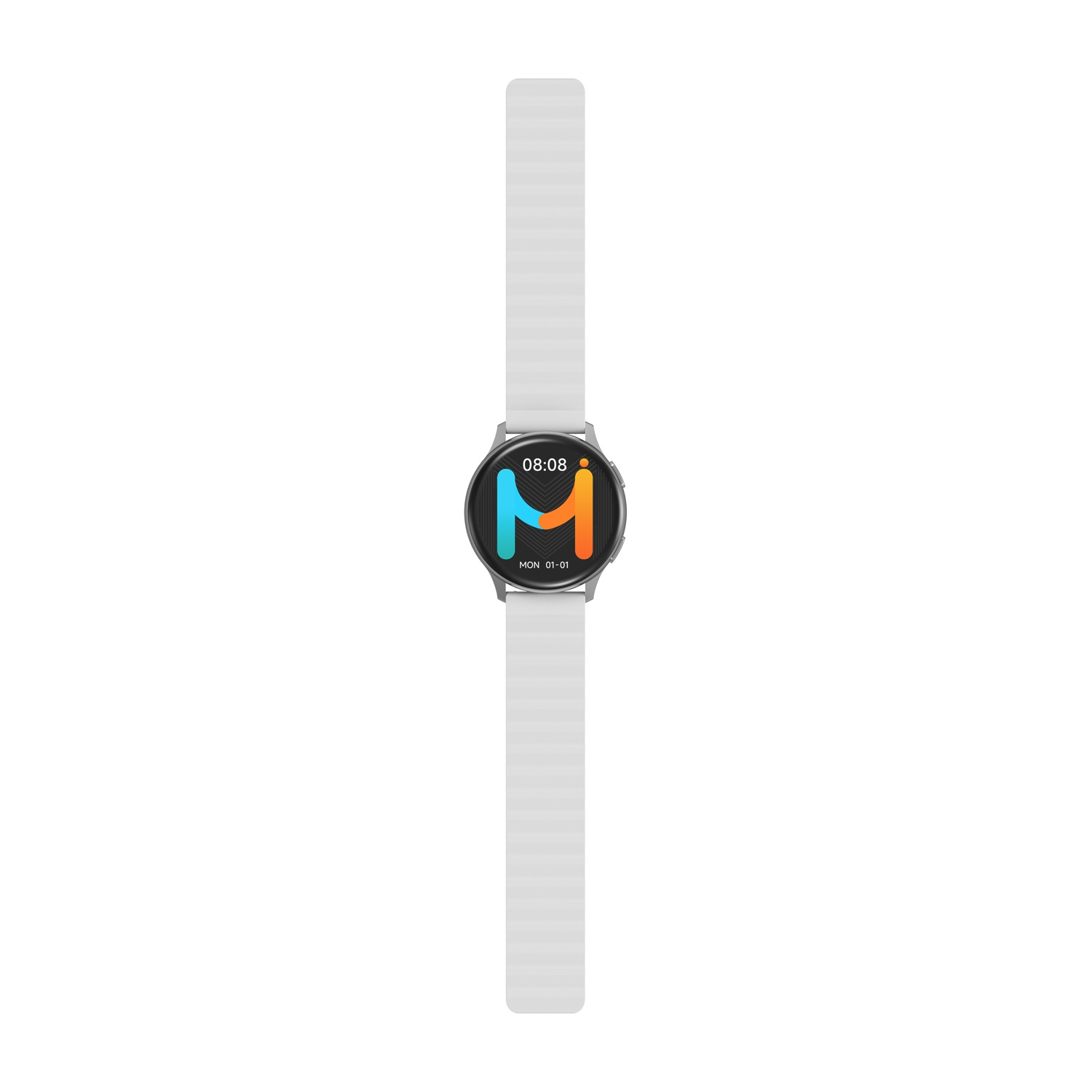 Uno smartwatch bianco con lunetta argentata e cinturino bianco, che mostra l'ora e un logo colorato.