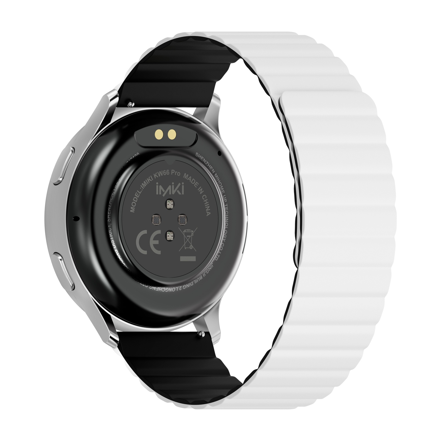 Uno smartwatch argentato con cinturino bianco, visto da dietro. Il cinturino ha una chiusura magnetica.