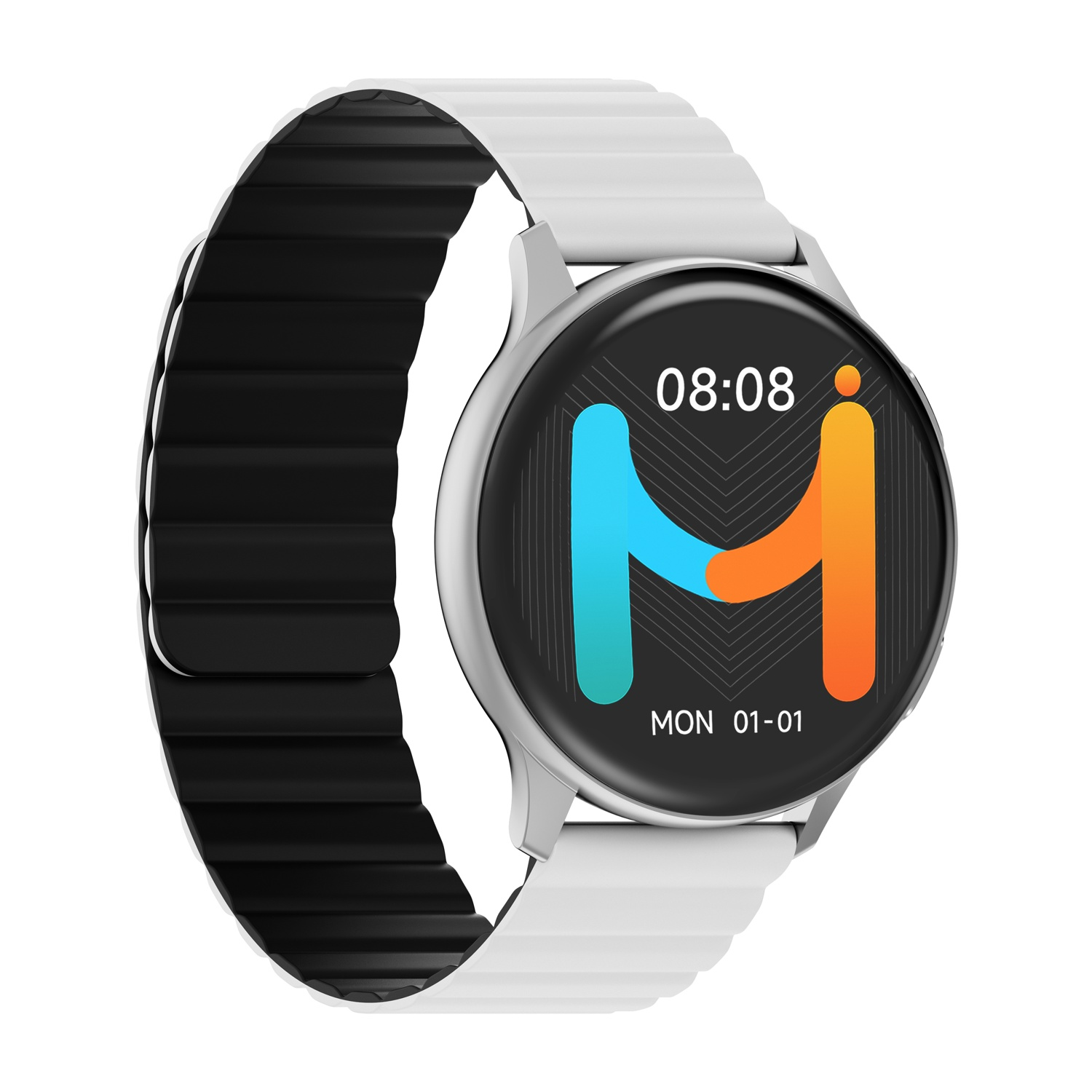 Uno smartwatch argentato con un cinturino bianco che mostra l'ora e la data.