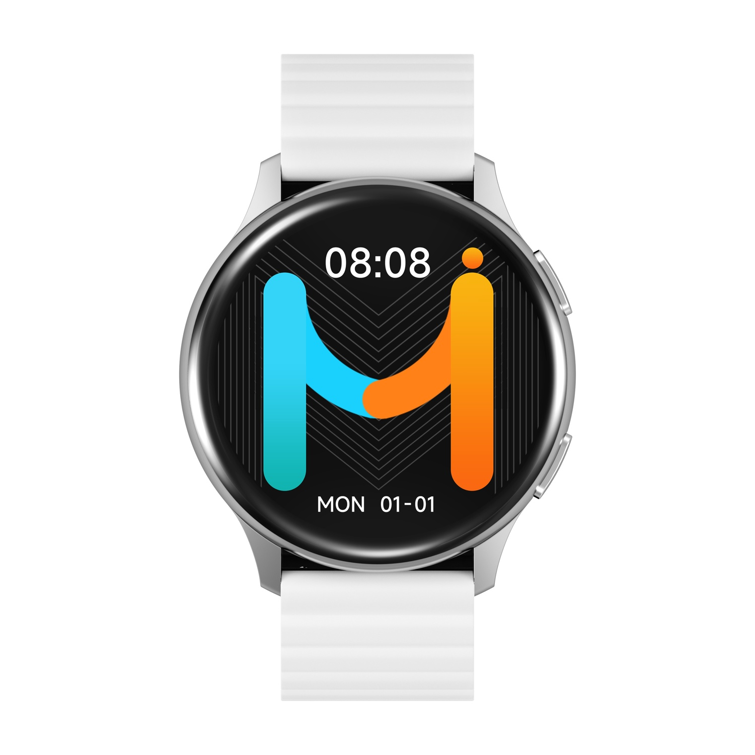 Smartwatch con cinturino bianco, mostra data e ora.