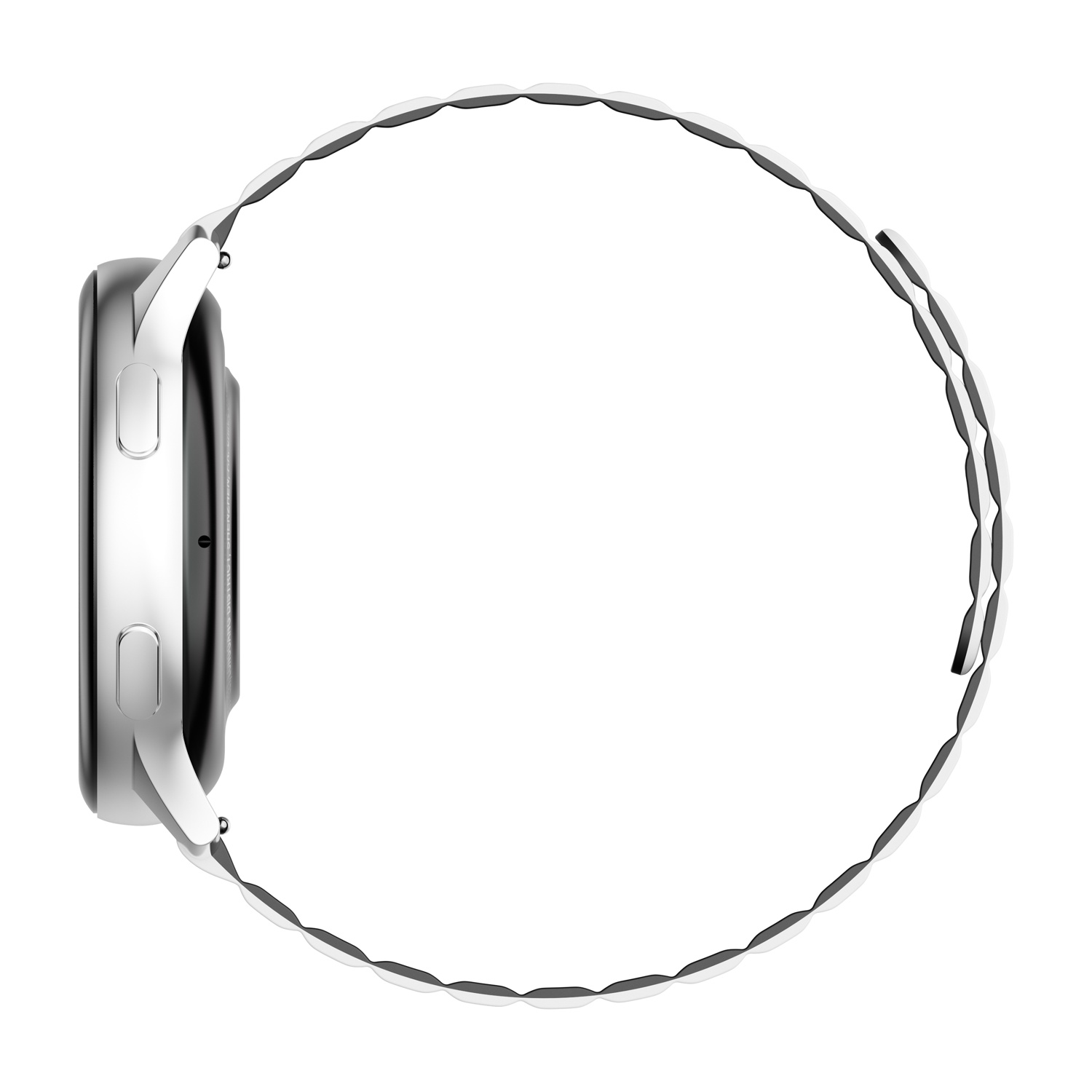 Vista laterale di uno smartwatch argento con cinturino nero.