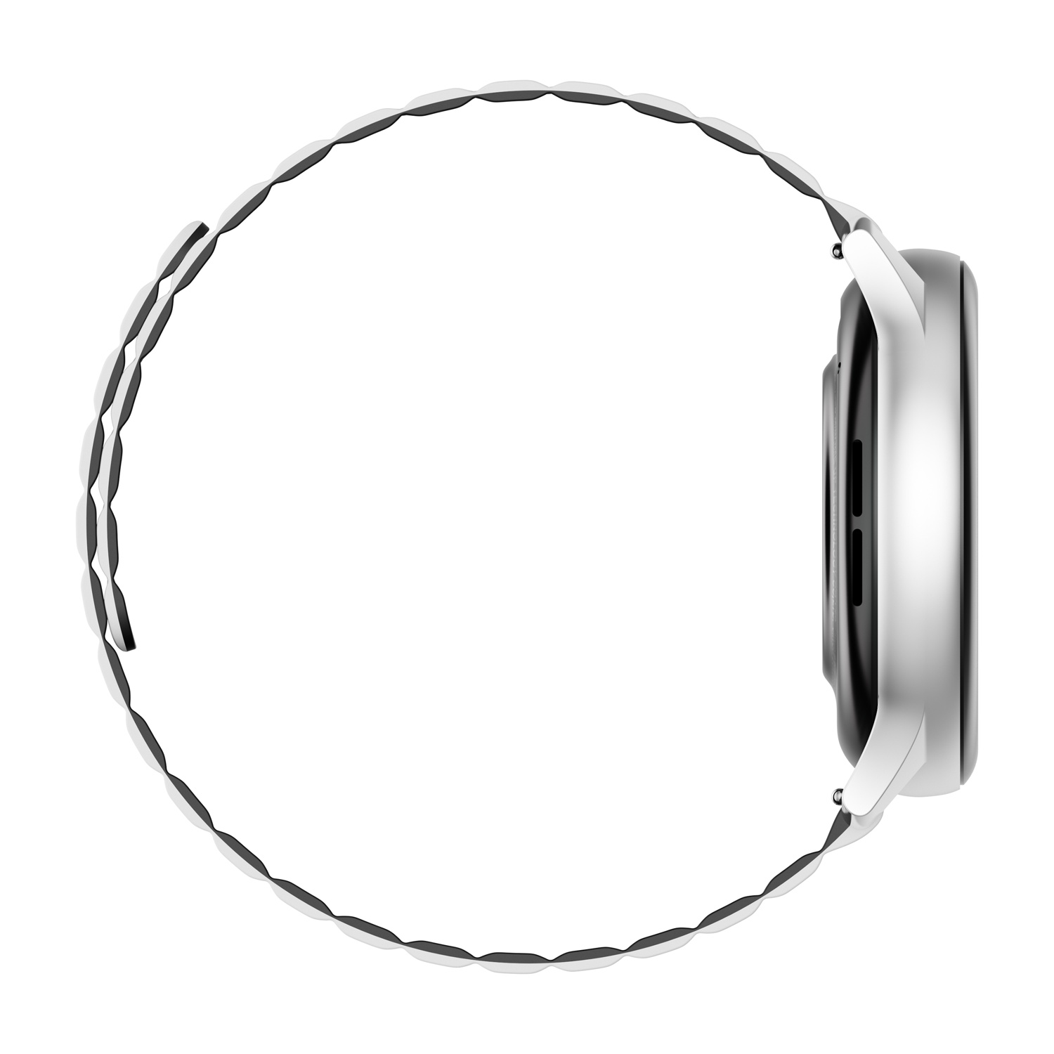 Smartwatch con cinturino bianco e quadrante nero e argento, visto di lato.