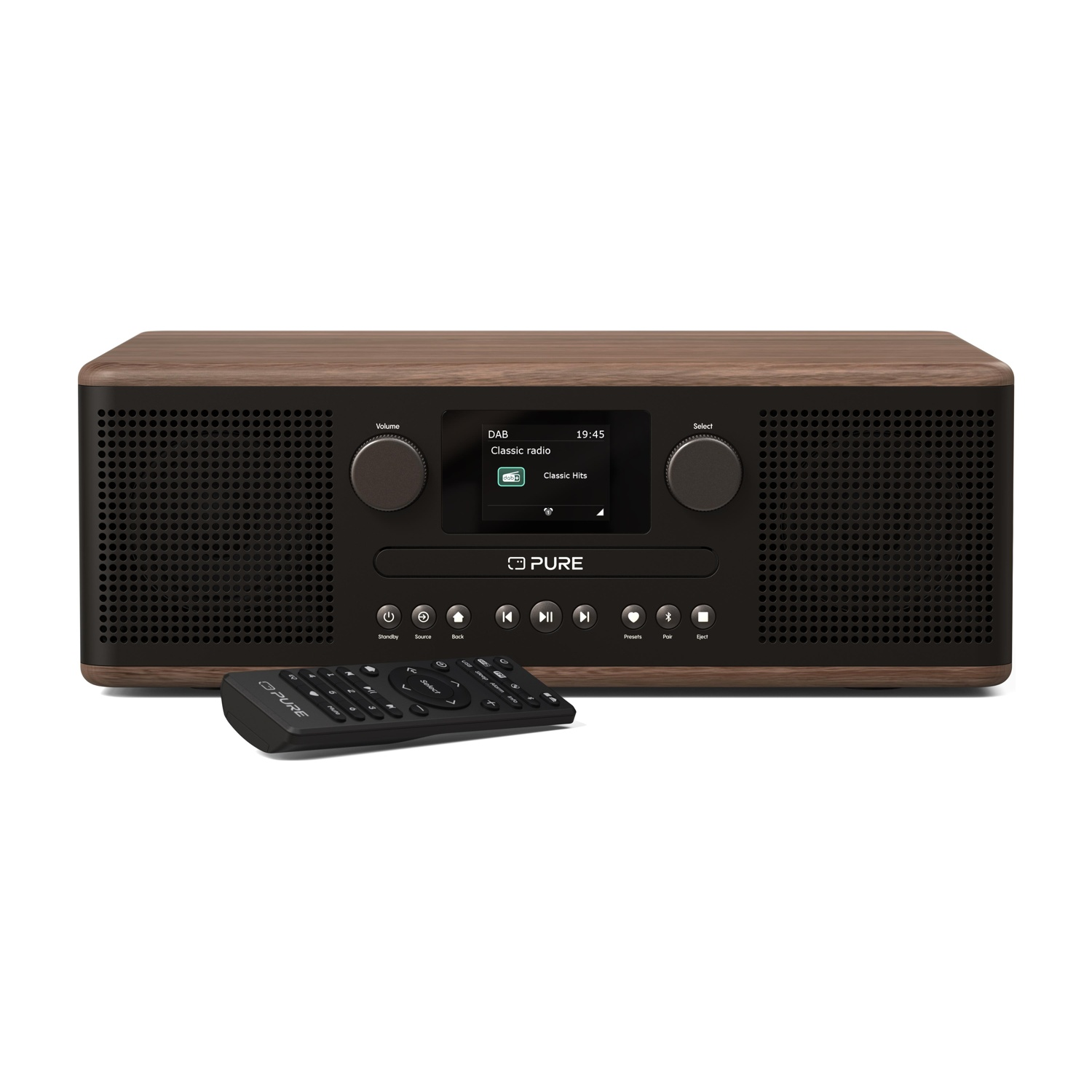 Radio in legno con griglia nera, display e telecomando.