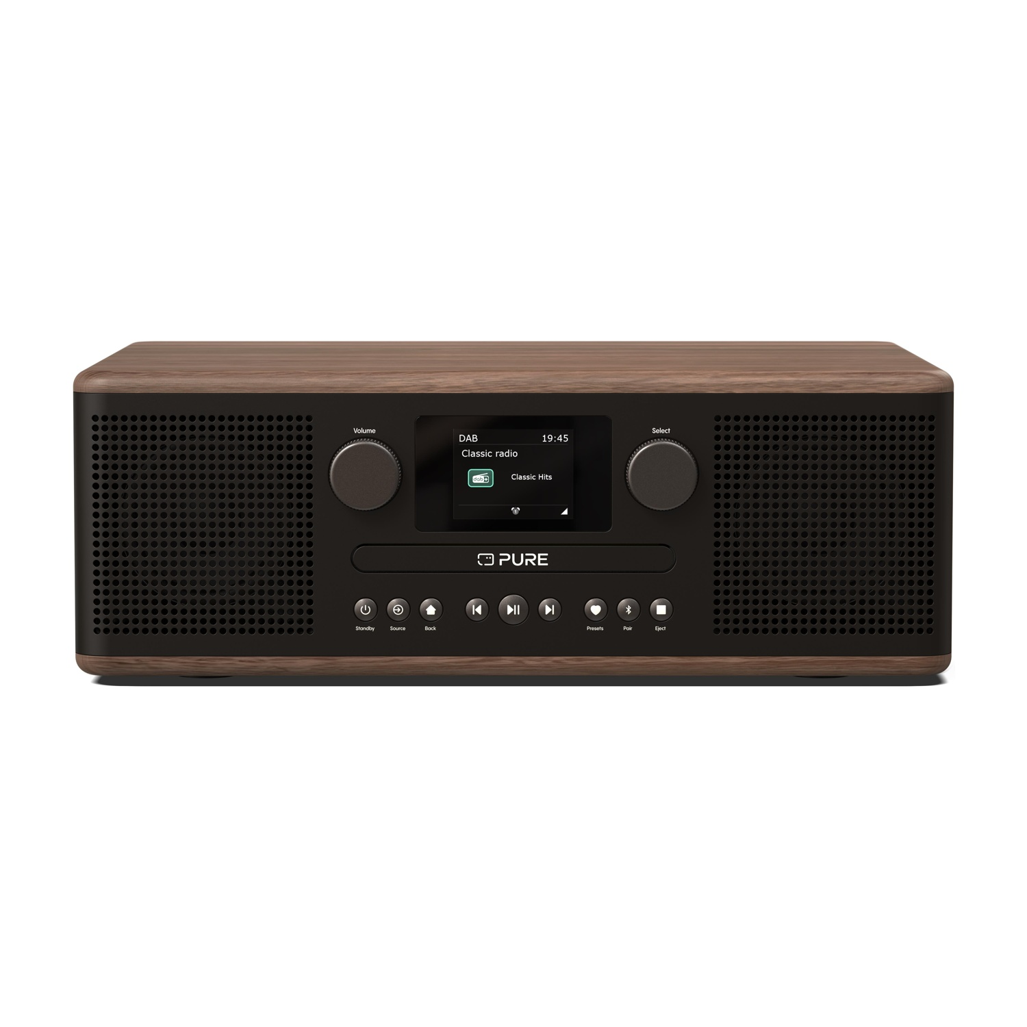 Radio in legno con display digitale, pulsanti e due altoparlanti. Design moderno.