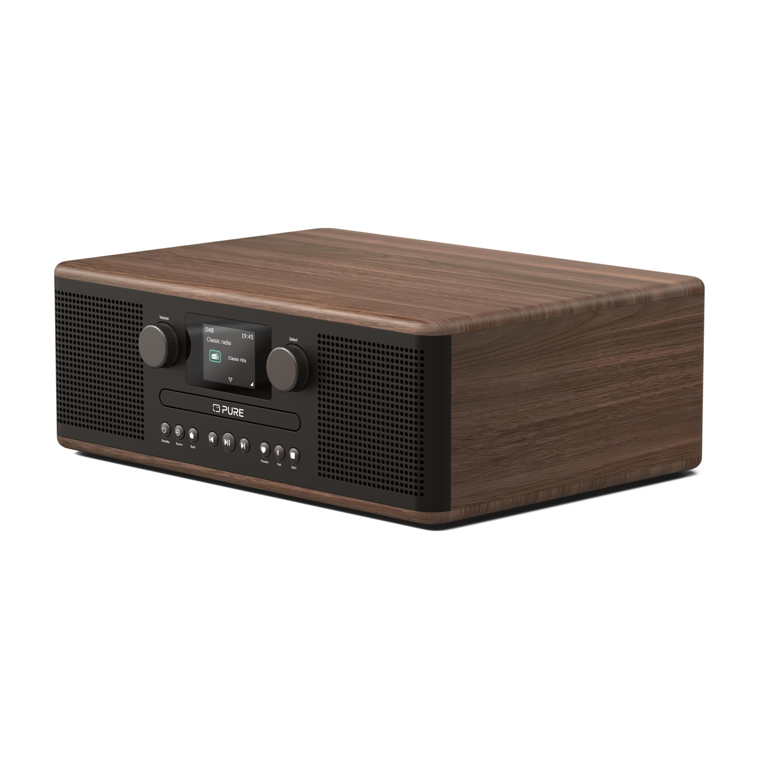 Radio effetto legno con display e comandi frontali, su sfondo bianco.
