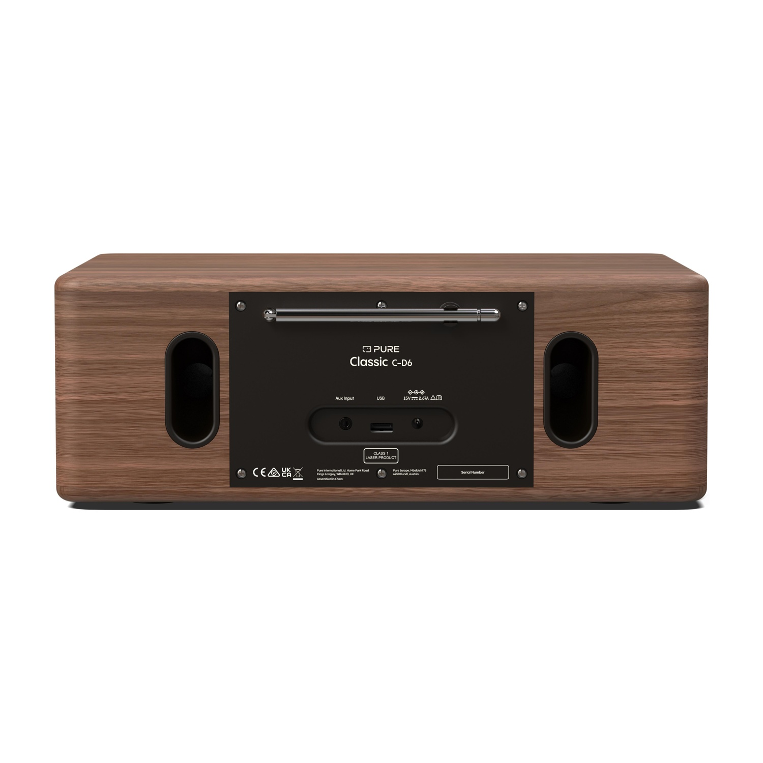 Vista posteriore di una radio in legno con pannello frontale nero, antenna e varie porte di ingresso/uscita.