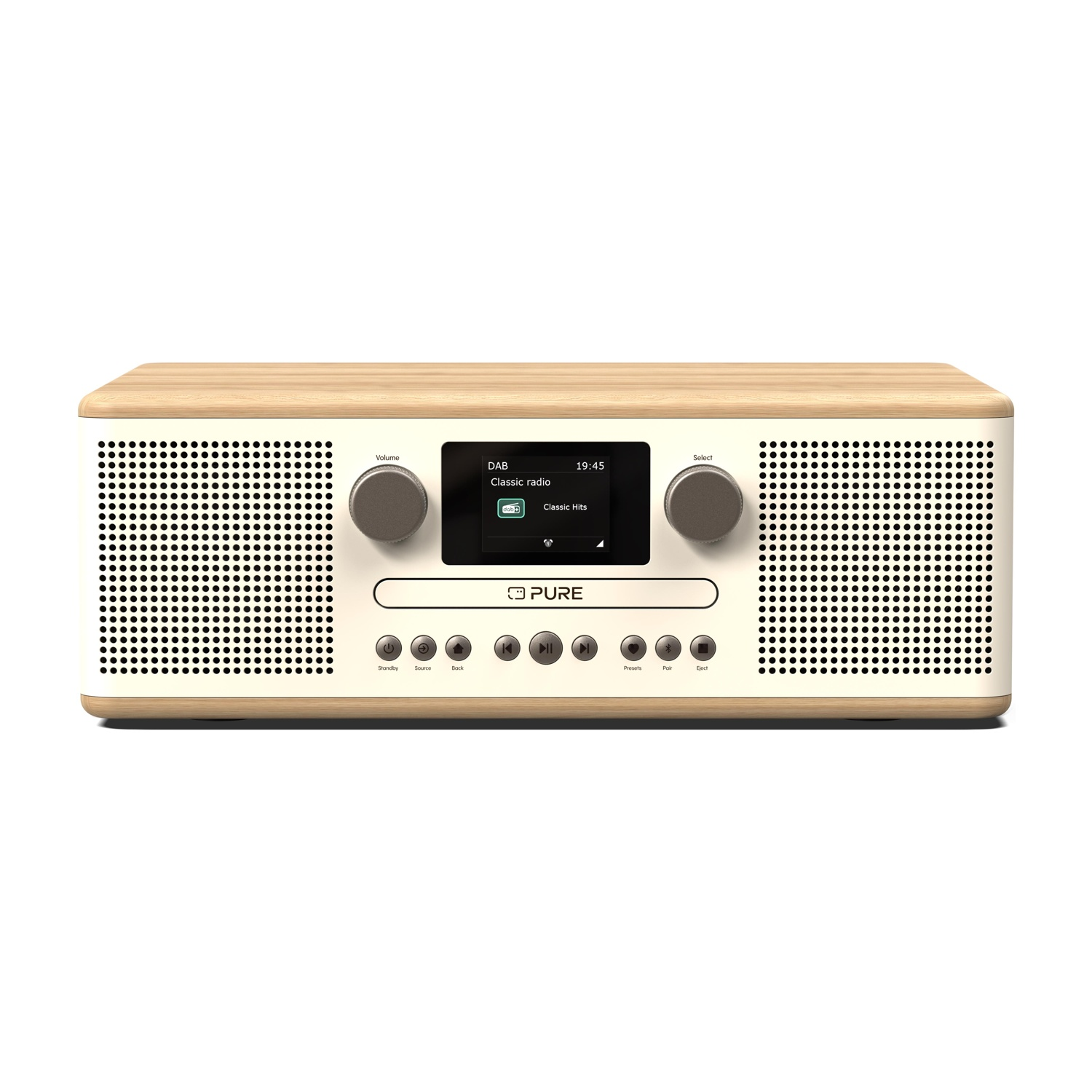 Una radio moderna con top in legno, frontale bianco, pulsanti e schermo.