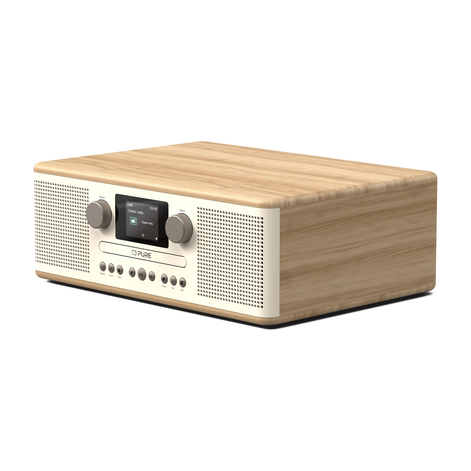 Una radio in legno con display digitale e altoparlanti su ogni lato, frontalino bianco.