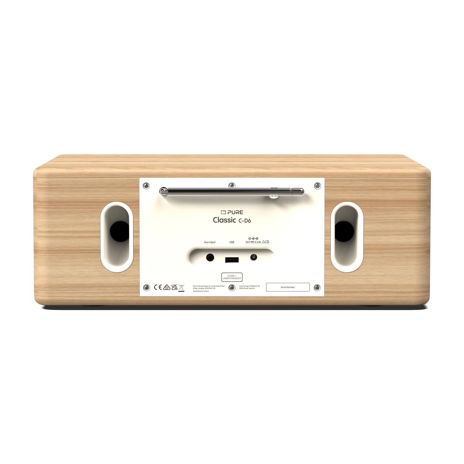 Retro di una radio in legno. Ha pulsanti, ingressi e una piccola antenna.