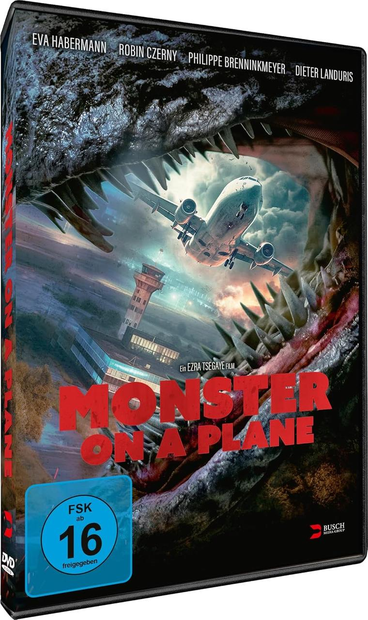 DVD-Cover: Flugzeug wird von einem Monster angegriffen. Der Titel lautet 'Monster on a Plane'.