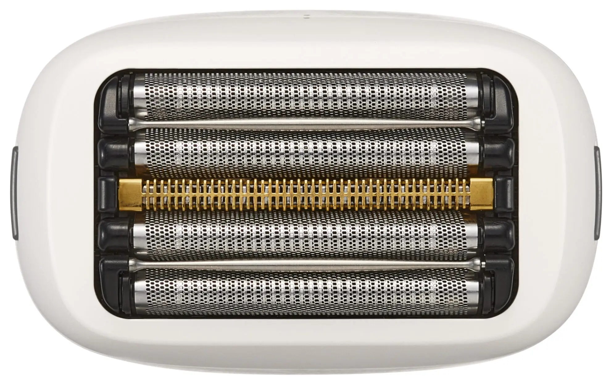 Zbliżenie głowicy golącej z czterema ostrzami i jednym złotym.