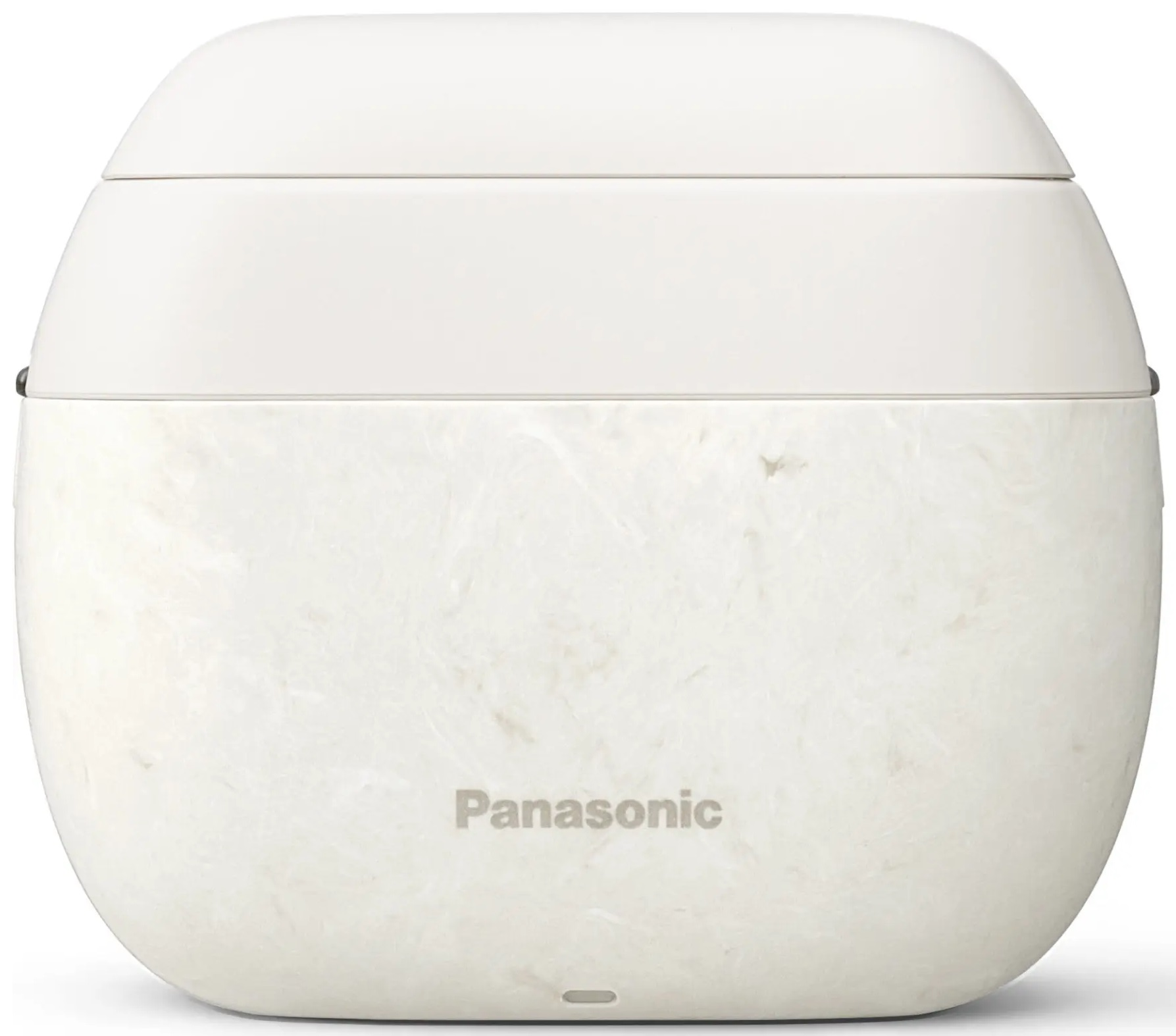 Białe, zaokrąglone, zamknięte etui na słuchawki douszne, z logo Panasonic z przodu.