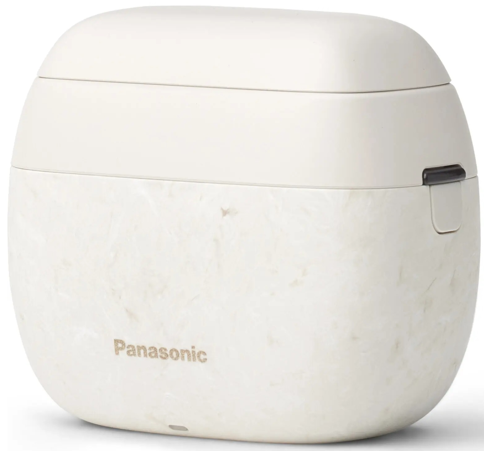 Biały ryżowar o gładkiej, zaokrąglonej konstrukcji i logo Panasonic.