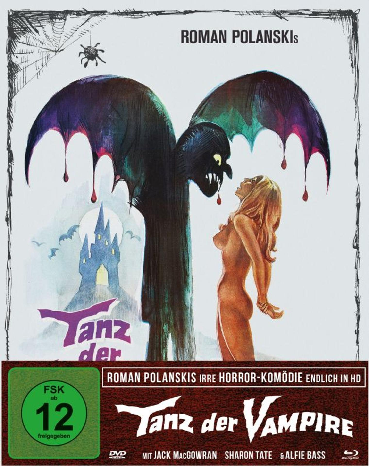 Ein Vintage-Horrorfilmplakat mit einer Fledermaus-Kreatur, einer Frau und einem Schloss.