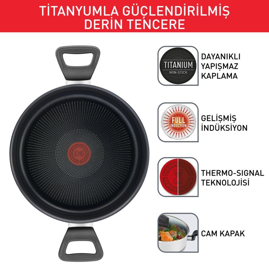 İki kulplu siyah bir kızartma tavası. Tavanın sağ tarafında metin etiketleri var.