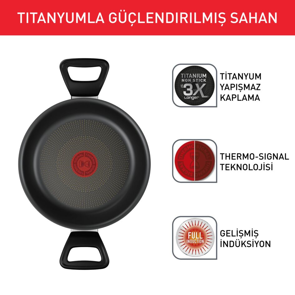 İki kulplu siyah tava, logolar ve metinlerle. Metin diyor ki 'Titanyum yapışmaz'.