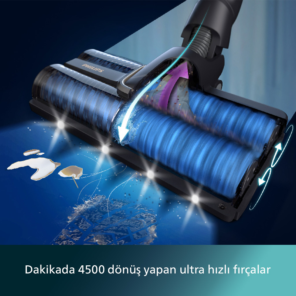 Mavi dönen fırçalı elektrik süpürgesi başlığı, bir yüzeydeki kalıntıları temizliyor.