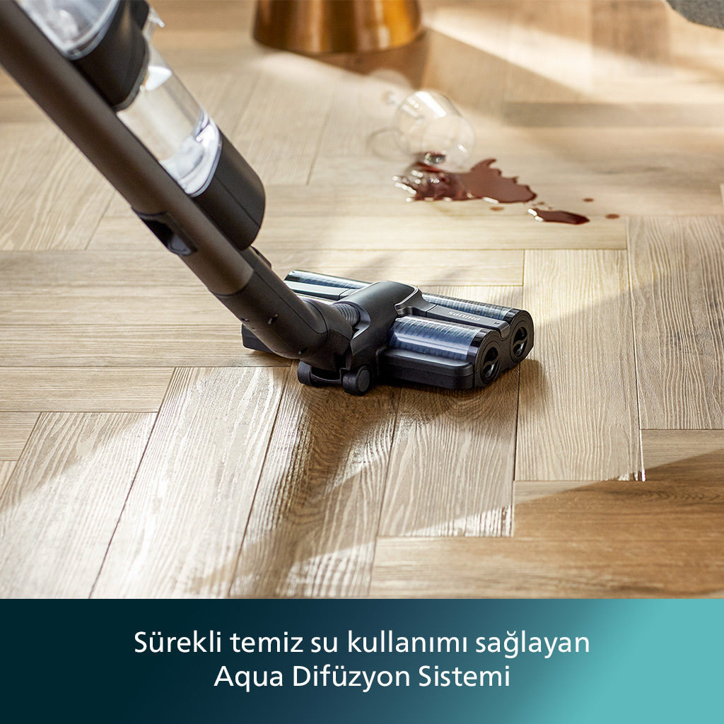 Ahşap bir zemini temizleyen bir elektrikli süpürge, Aqua Difüzyon Sistemi hakkında metin var.