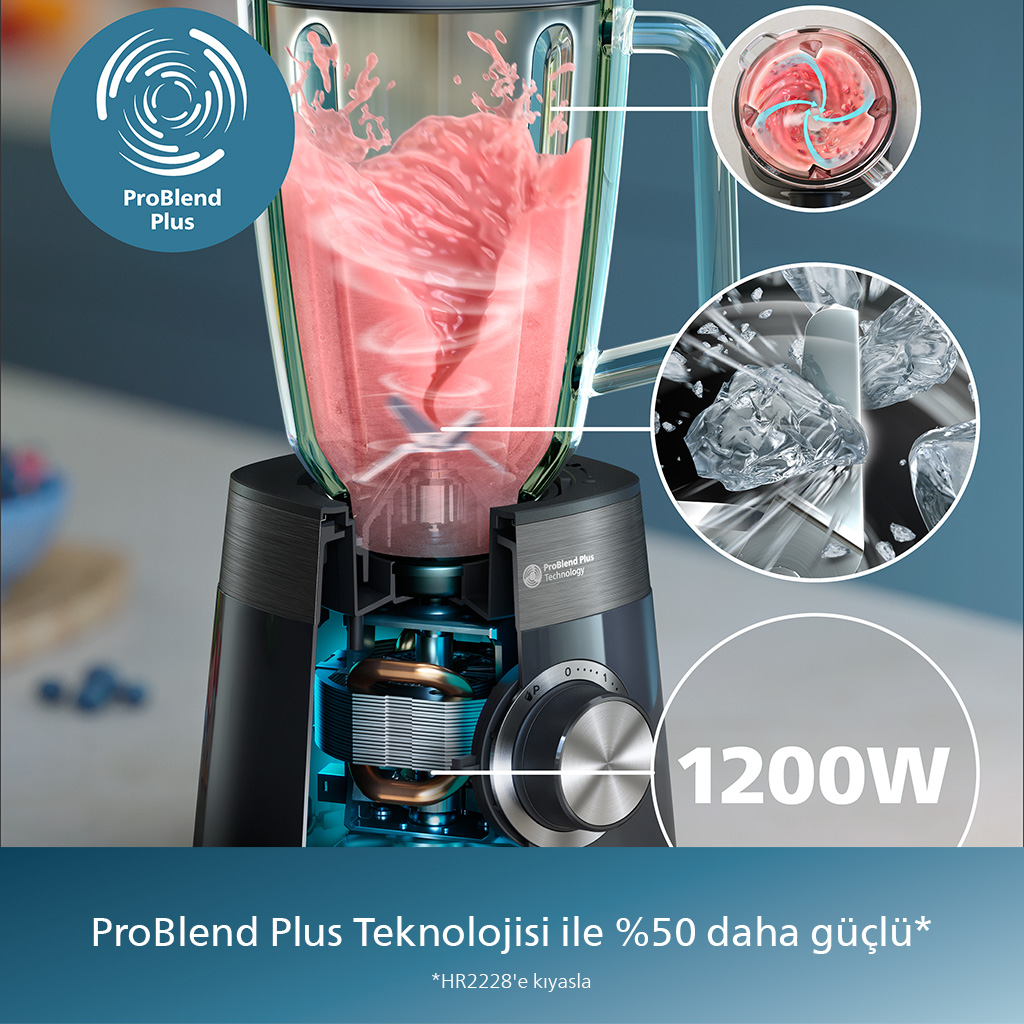 Pembe smoothie'li blender, blender parçalarının detaylarıyla.