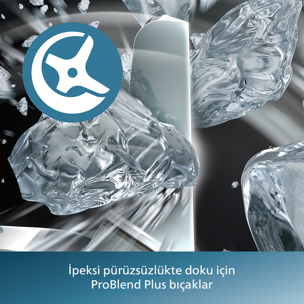 Mavi bir alet simgesi ve ProBlend Plus bıçakları hakkında metin içeren buz küplerinin yakından görünümü.