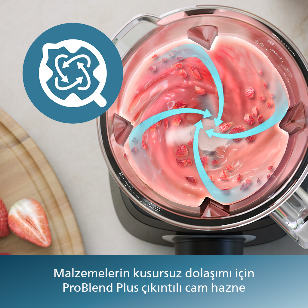 Mavi oklarla karıştırılan pembe içerikli blender, ProBlend Plus tasarımını gösteriyor.