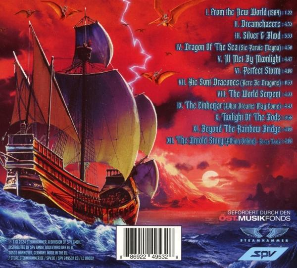 Albumcover mit Schiff auf stürmischer See, Drachen und Text.