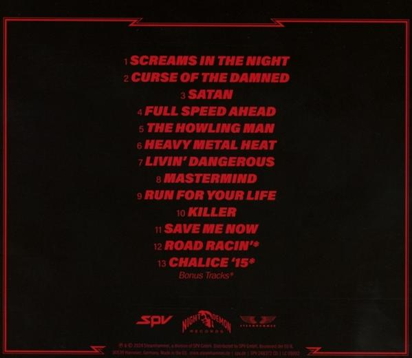 Rotes und schwarzes Albumcover mit einer Titelliste von Rocksongs.
