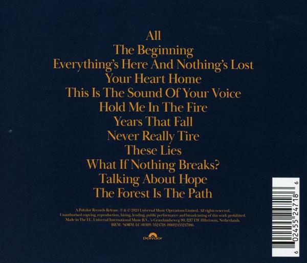 Albumcover mit goldenem Text auf dunkelblauem Hintergrund. Listet Songtitel auf.