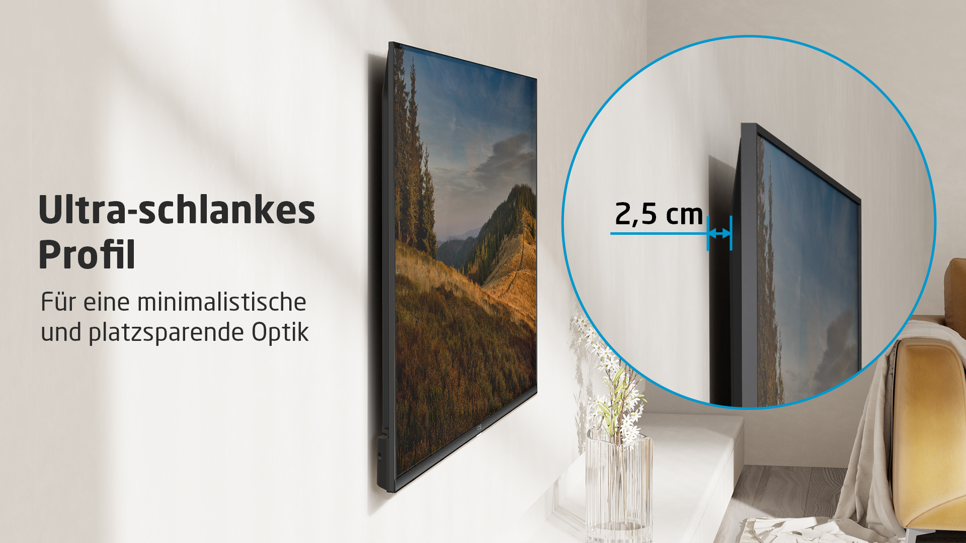 Fernseher an der Wand, sehr schlankes Profil. Text: 'Ultra-schlankes Profil' und '2,5 cm'.