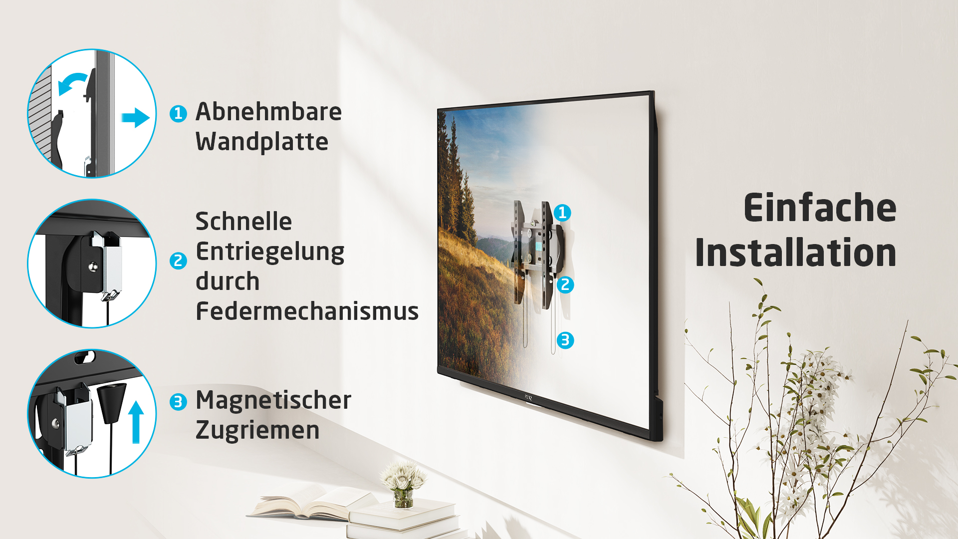 Fernseher an weißer Wand montiert. Diagramme zeigen abnehmbare Wandplatte, Schnellverschluss und Magnetzugriff.