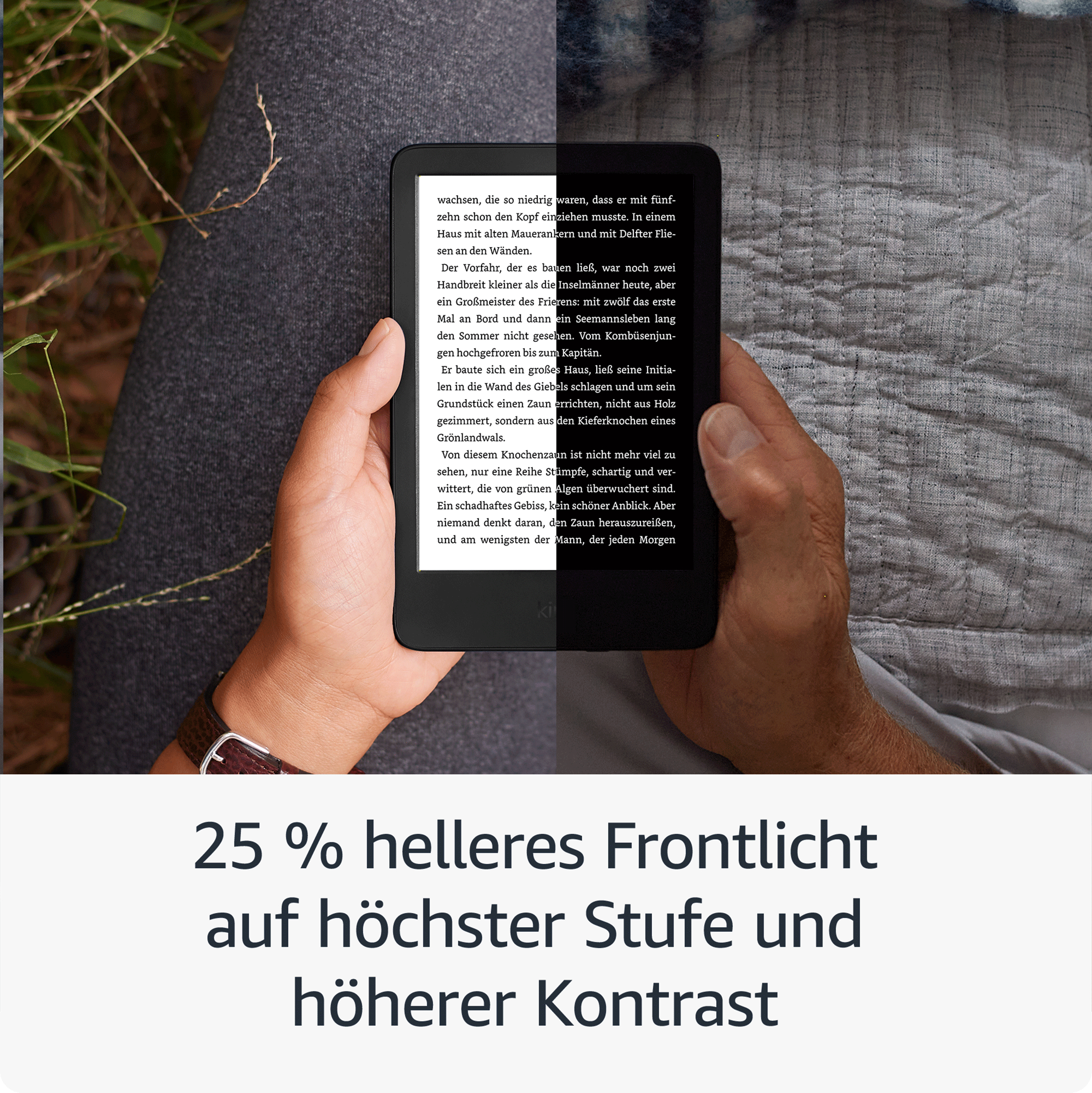 Person hält Kindle. Text: 25 % helleres Frontlicht, höherer Kontrast.