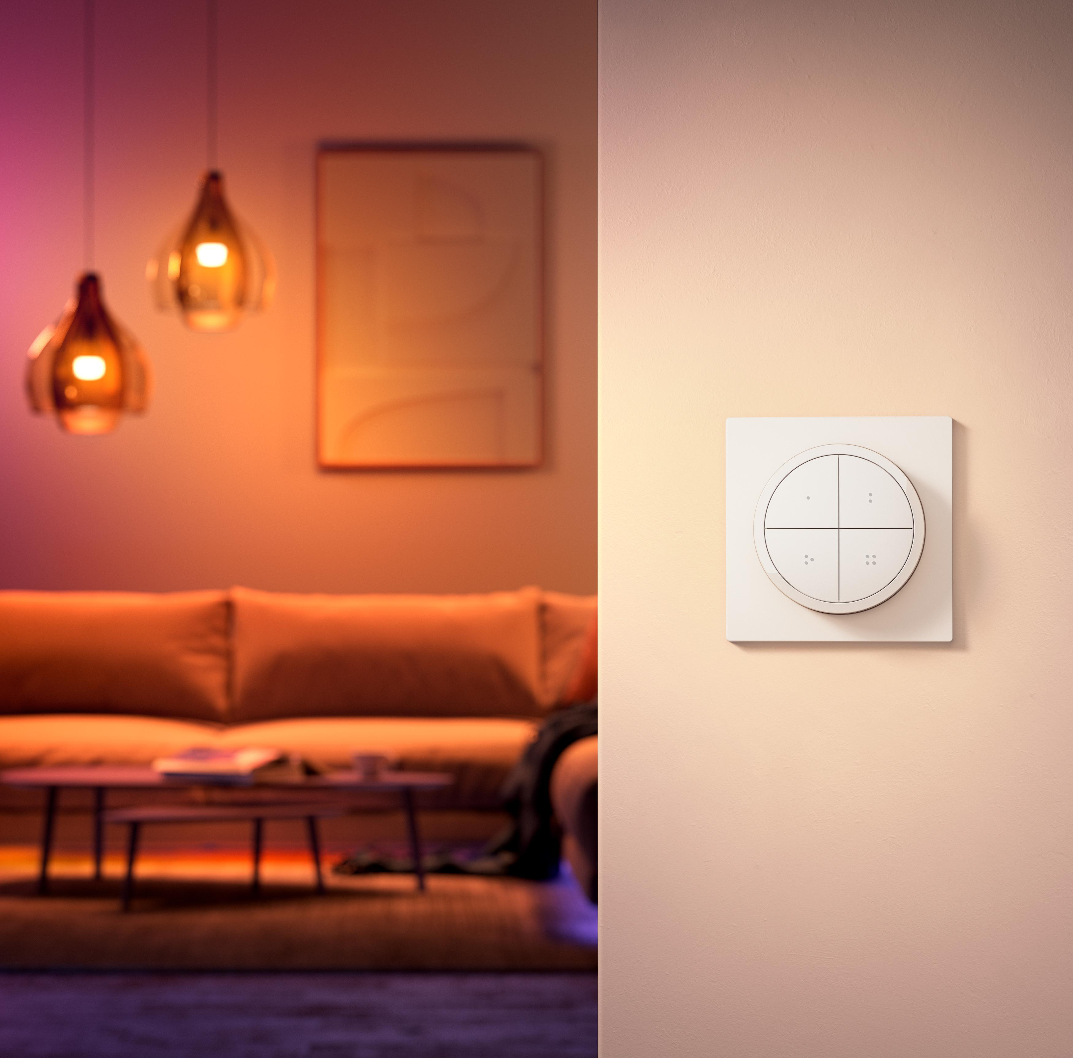 Innenszene mit einem intelligenten Lichtschalter an einer Wand. Hintergrund: Sofa, Gemälde und Lampen.