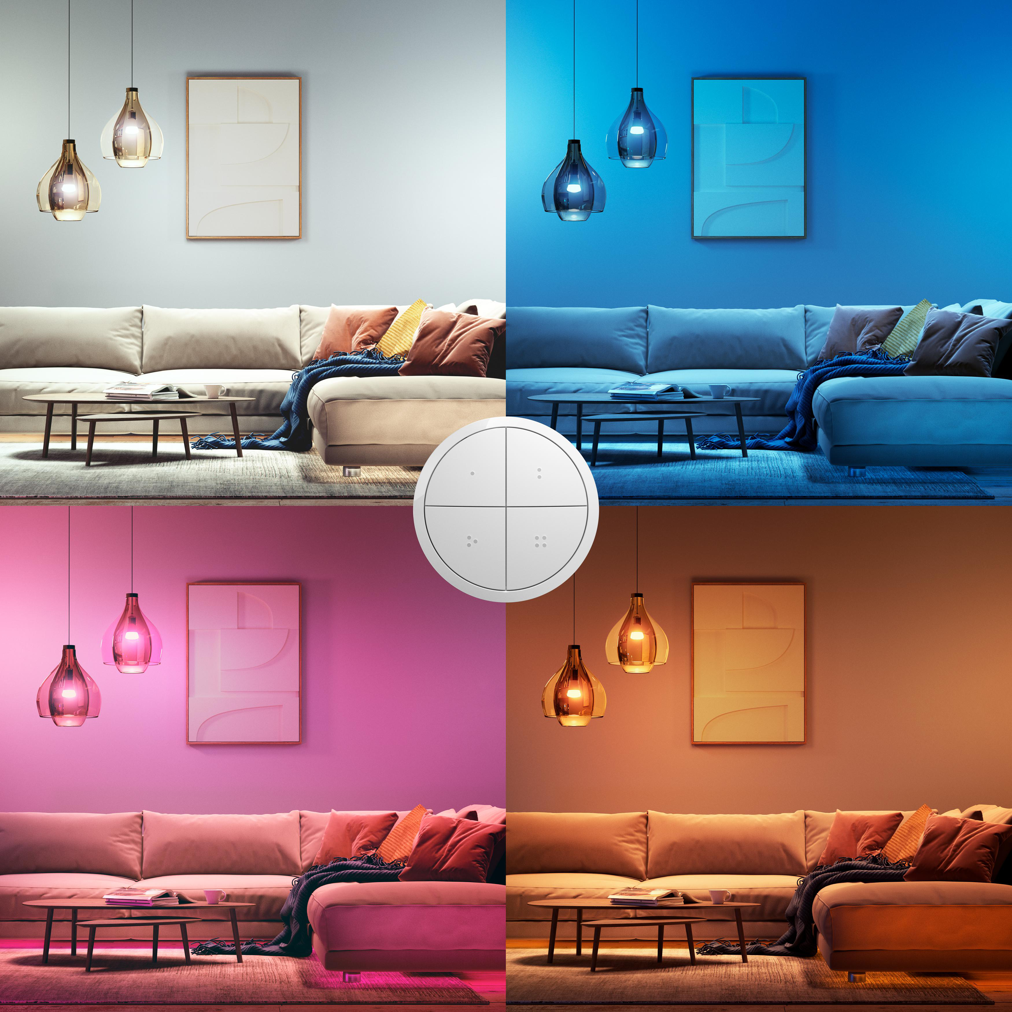 Vier geteilte Szenen, die einen Raum mit Sofa, Tisch und Lampen zeigen, jede mit einer anderen Lichtfarbe.