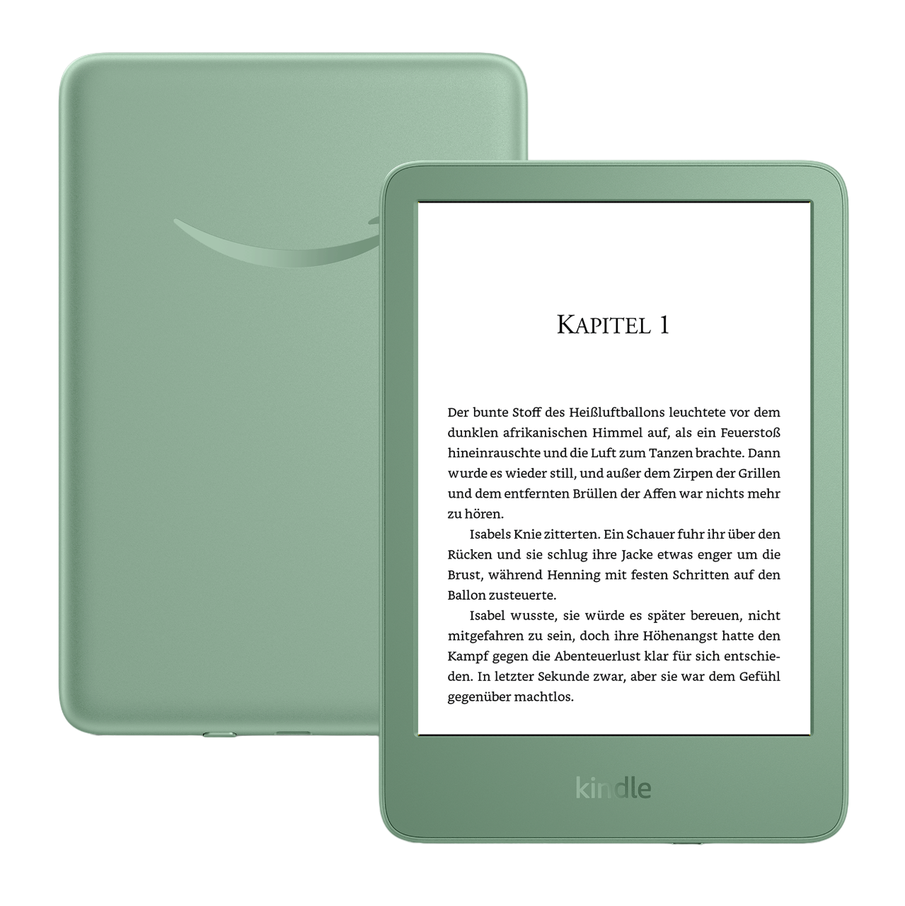 Grünes Kindle-Gerät mit Text, ein zweites Kindle dahinter. Das Amazon-Logo ist sichtbar.