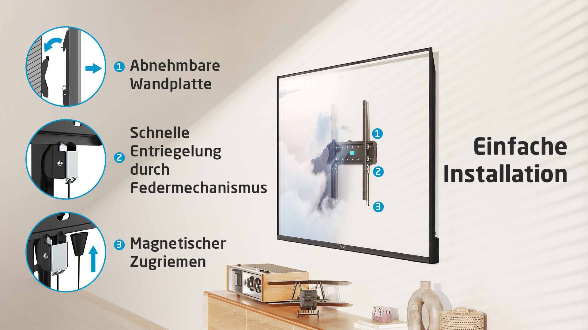 An der Wand montierter Fernseher mit Halterungsdetails. Text erklärt den Installationsvorgang. Modernes Wohnzimmer.