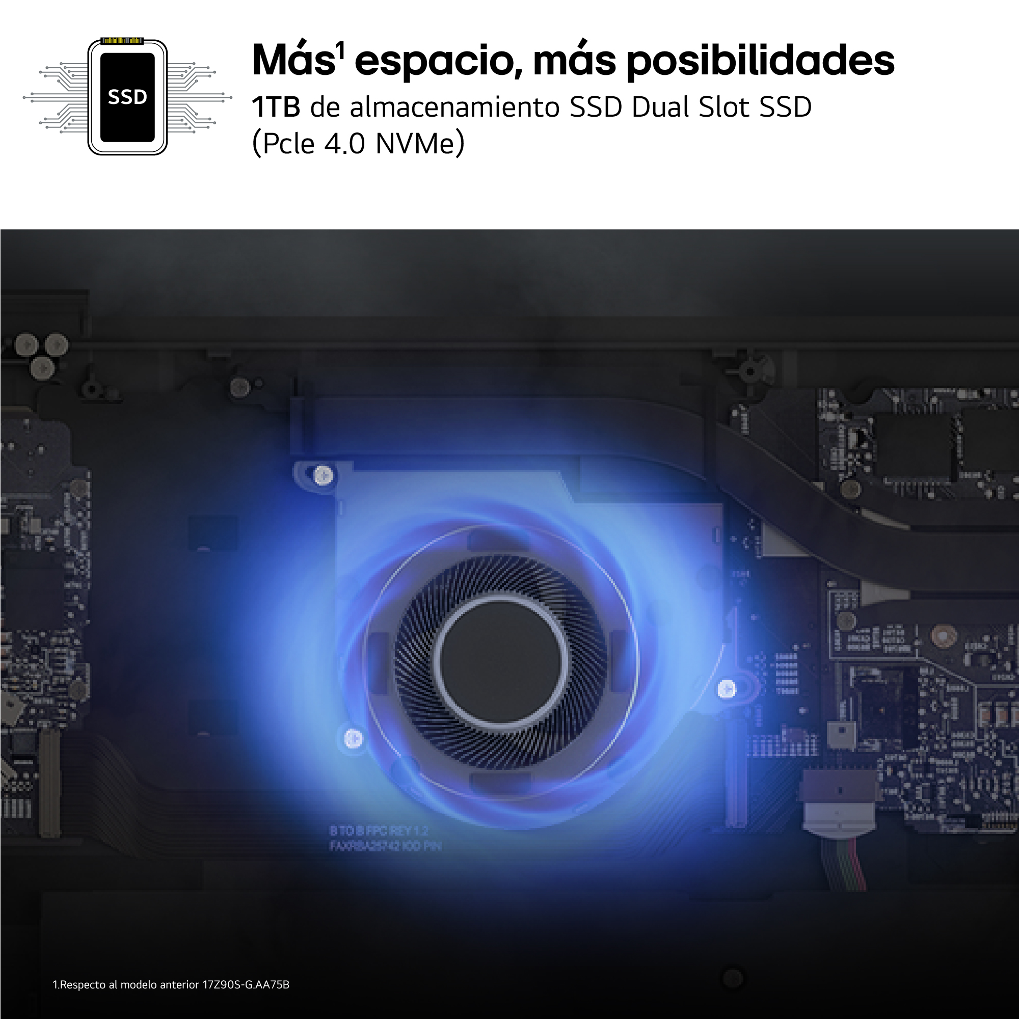 Interior de portátil con ventilador, brillo azul y descripción de SSD, más espacio, más posibilidades.