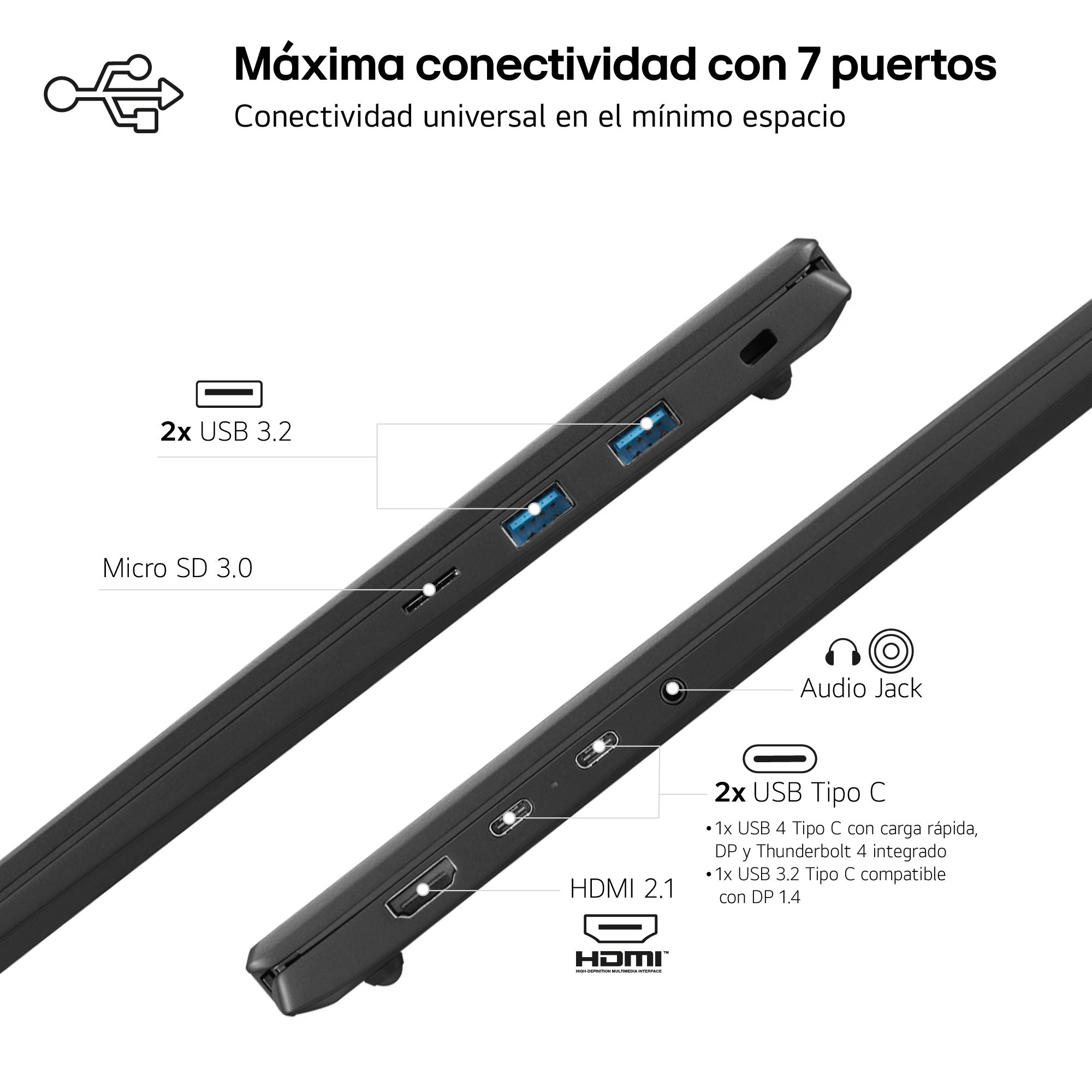 Primer plano de un portátil que muestra puertos. Etiquetas de texto identifican USB, HDMI y puertos de audio.