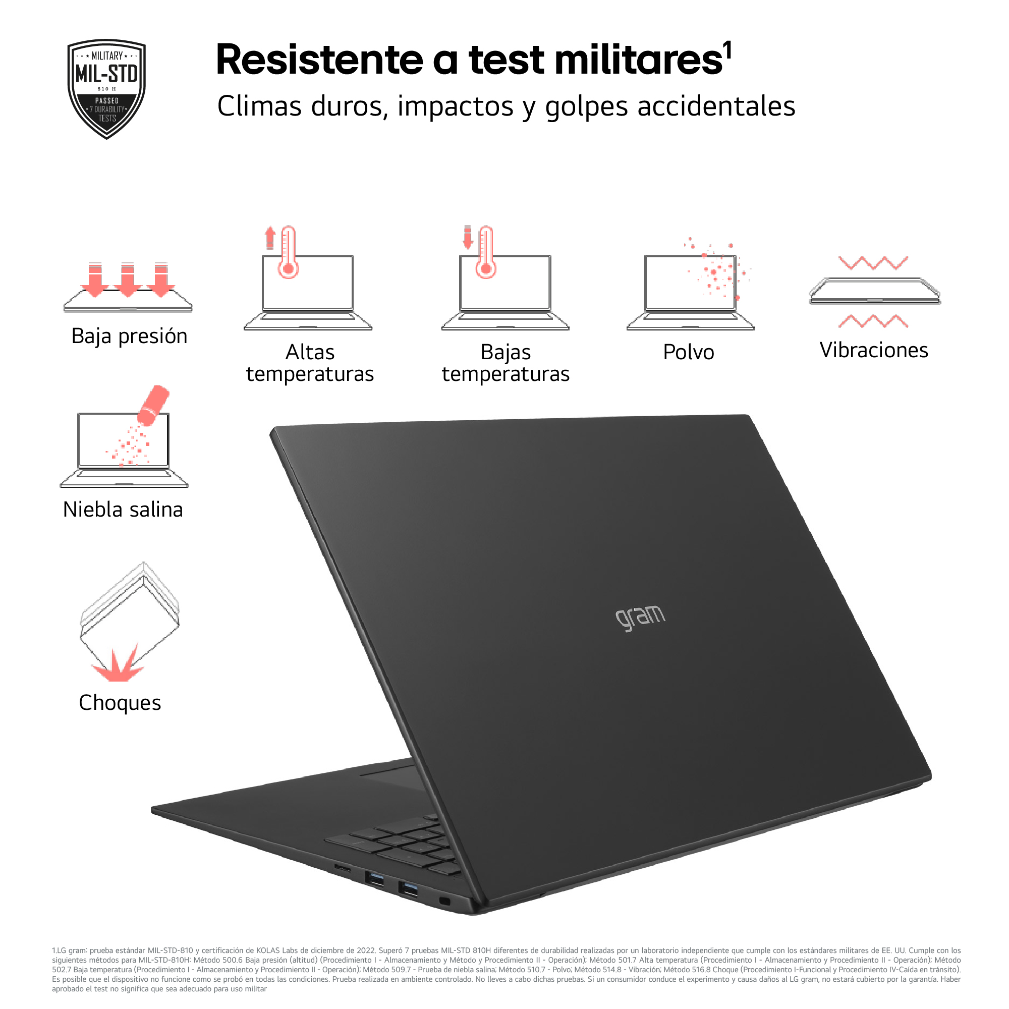 Ordenador portátil negro sobre superficie blanca, con texto sobre pruebas de durabilidad.