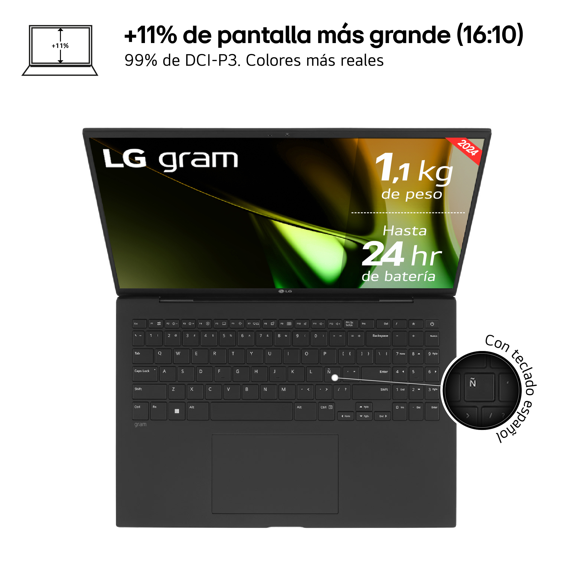 Portátil negro mostrando teclado y pantalla, con diseño de teclado español.