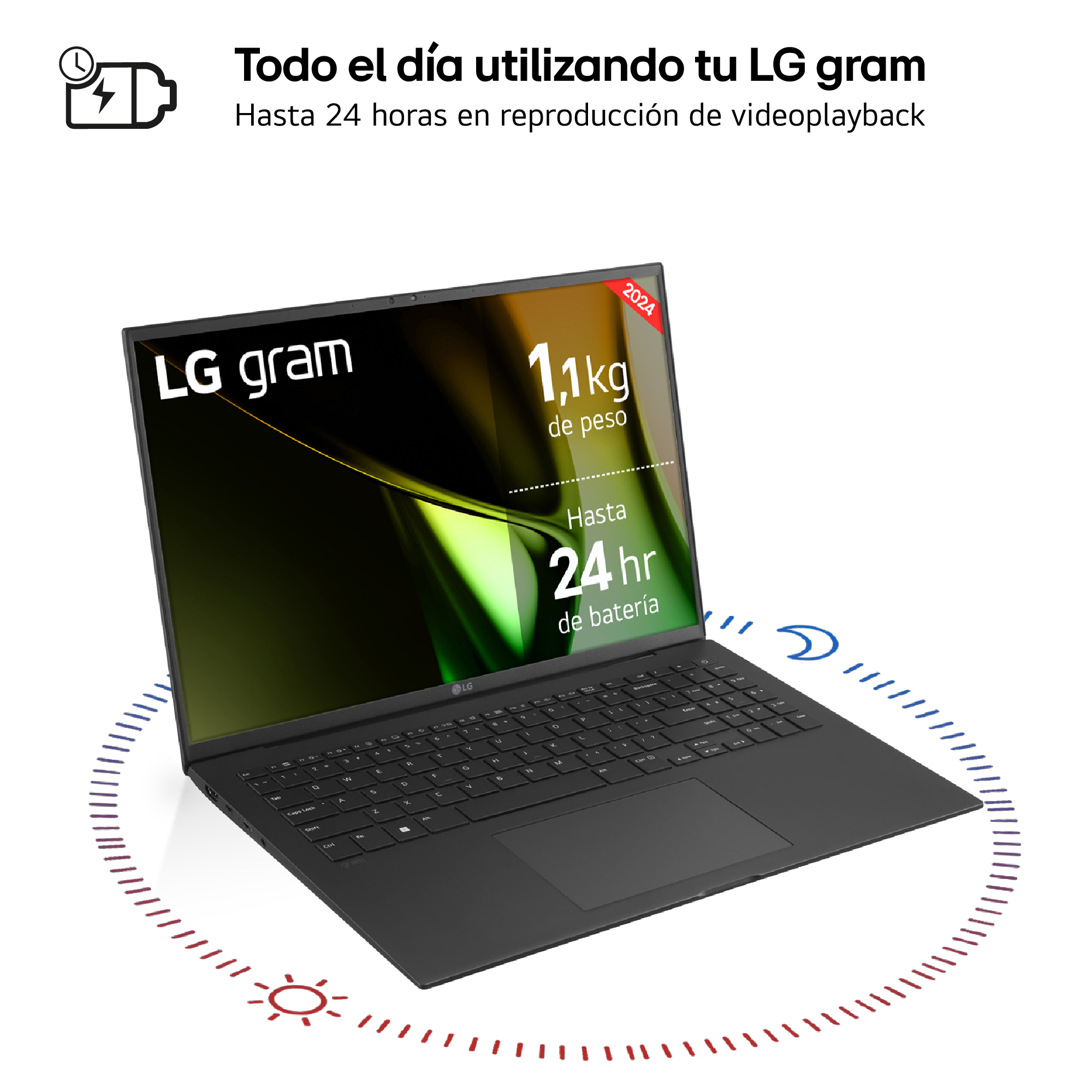 Portátil negro con texto sobre 24 horas de duración de batería.